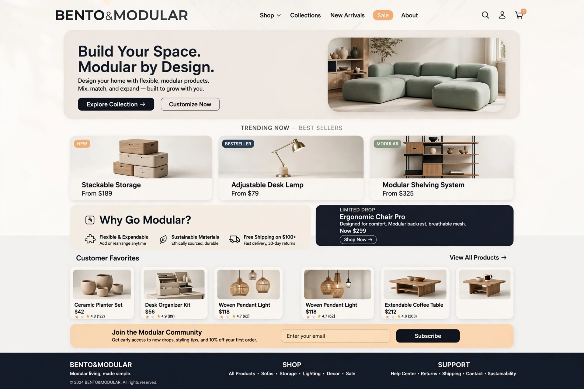 Modular component library with reusable cards – Ecommerce landing page