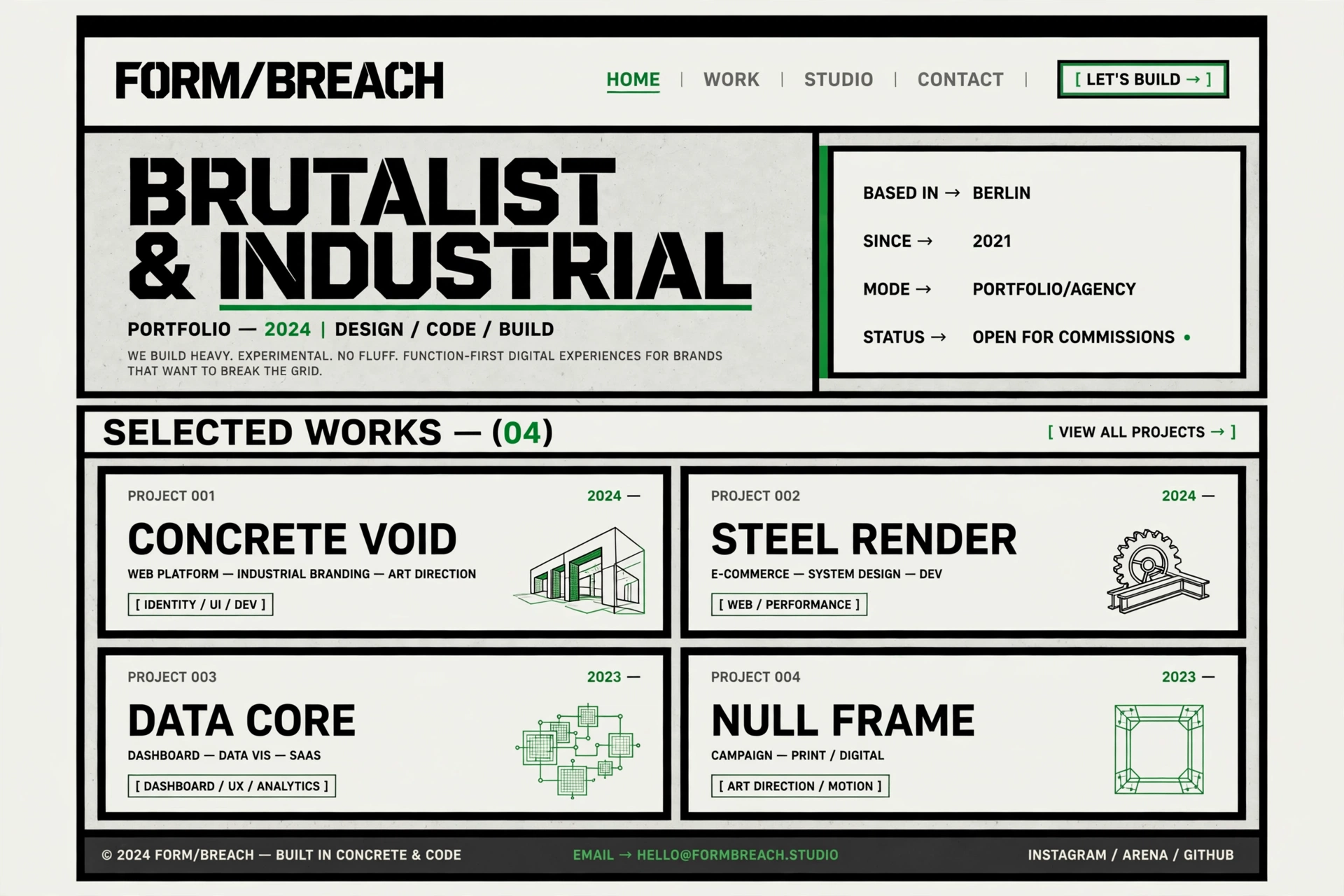 Brutalist & Industrial portfolio website landing page