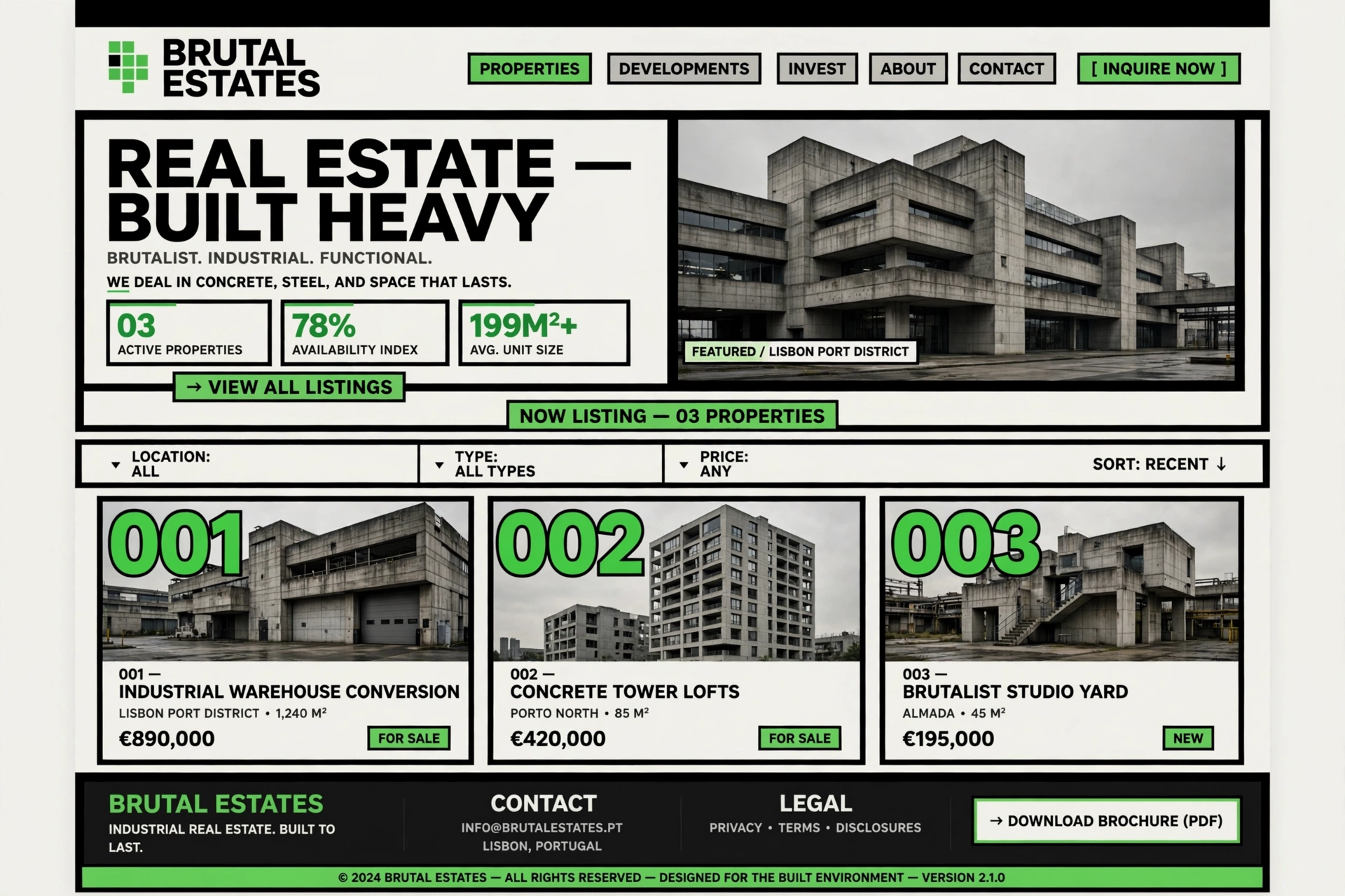 Brutalist & Industrial real estate website landing page