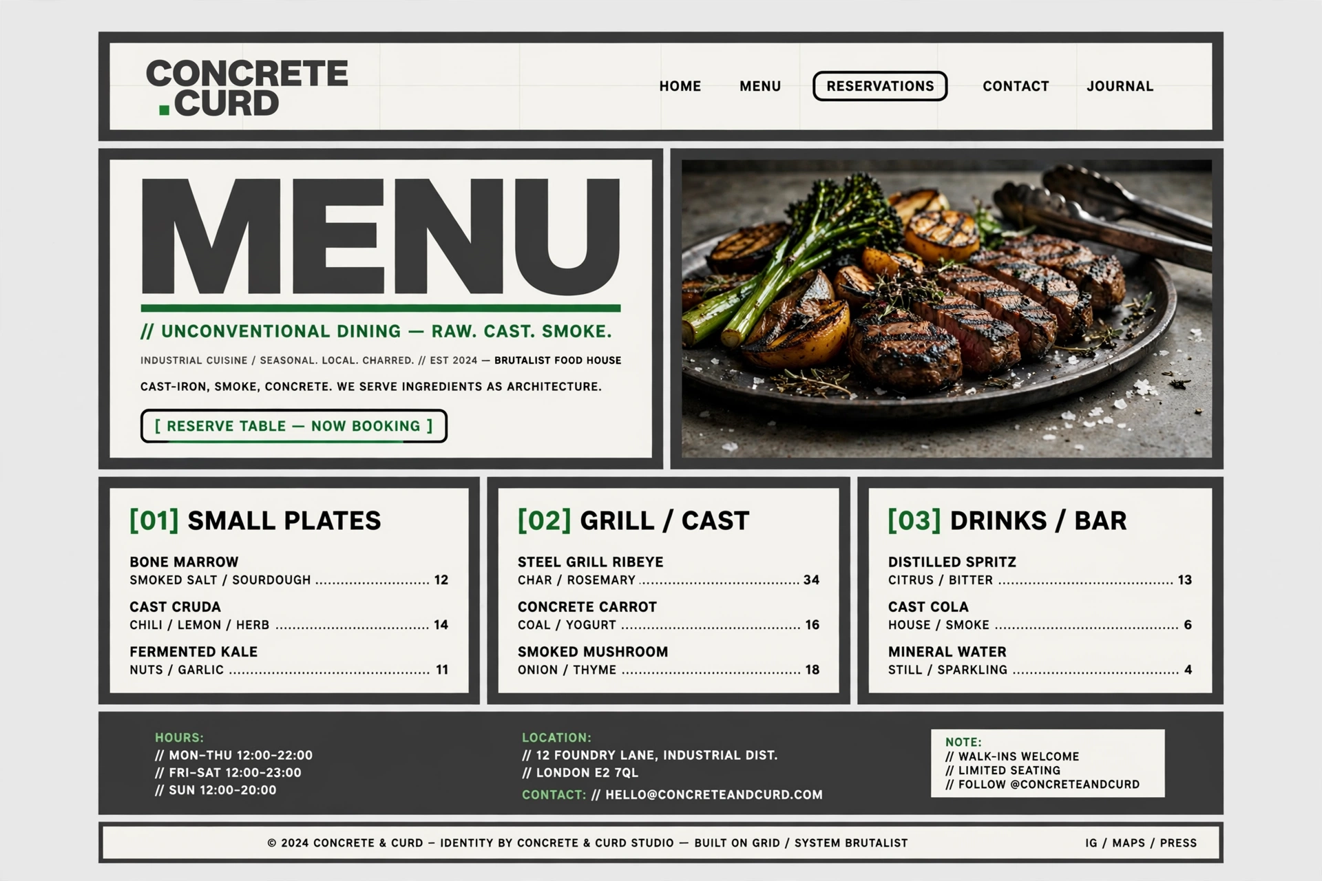 Brutalist & Industrial restaurant website landing page