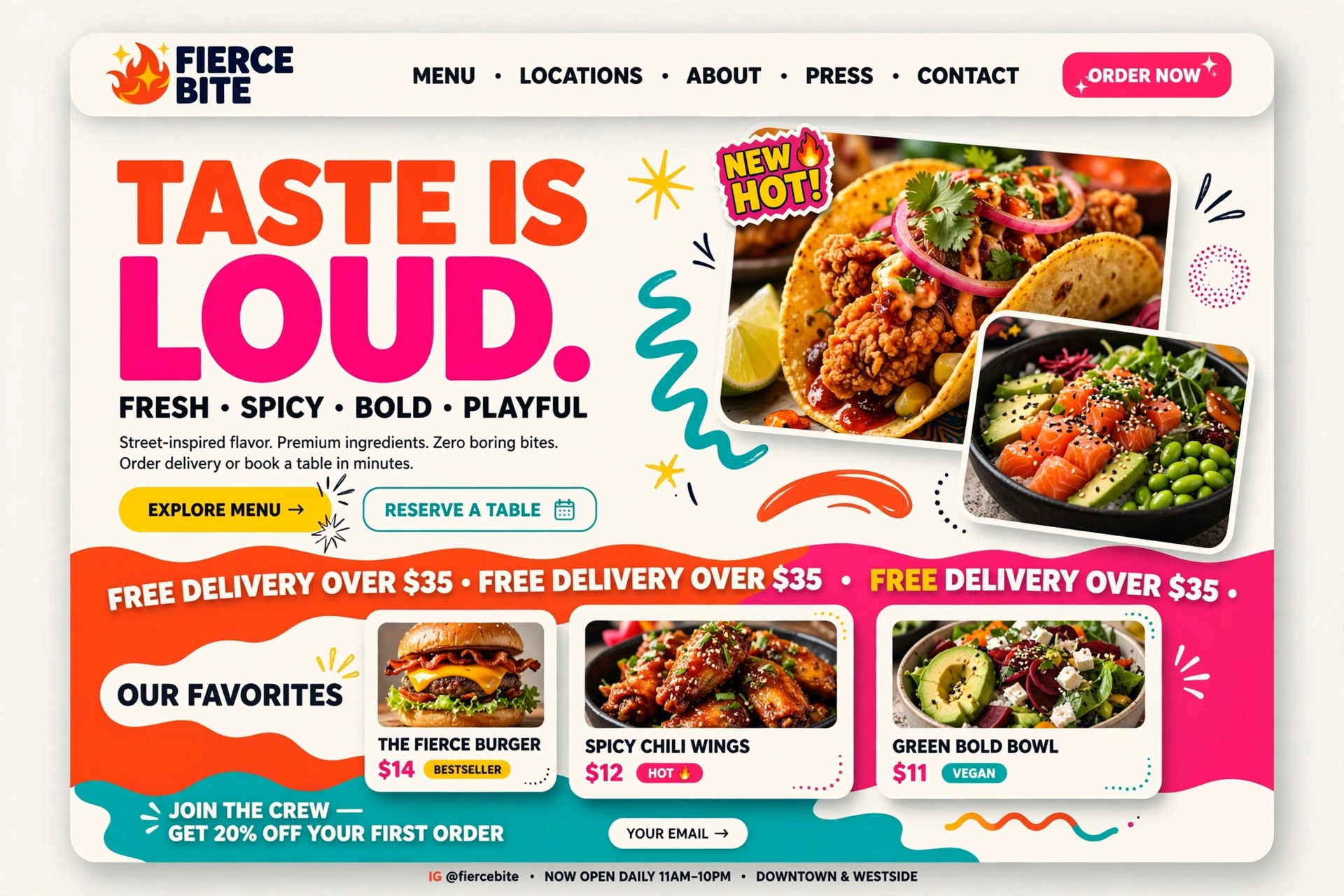 Creative & Bold restaurant website landing page