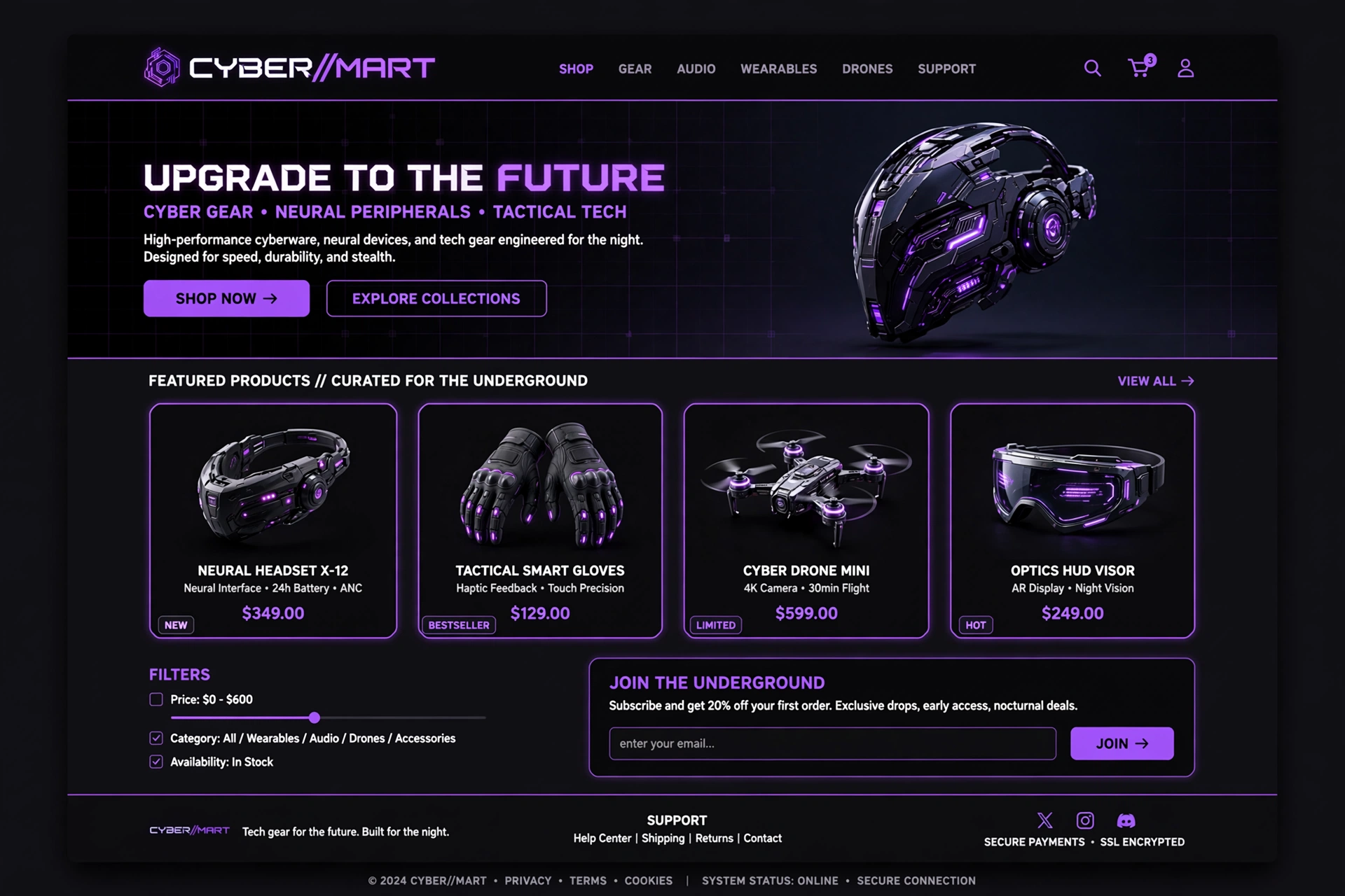 Dark & Cyberpunk ecommerce website landing page