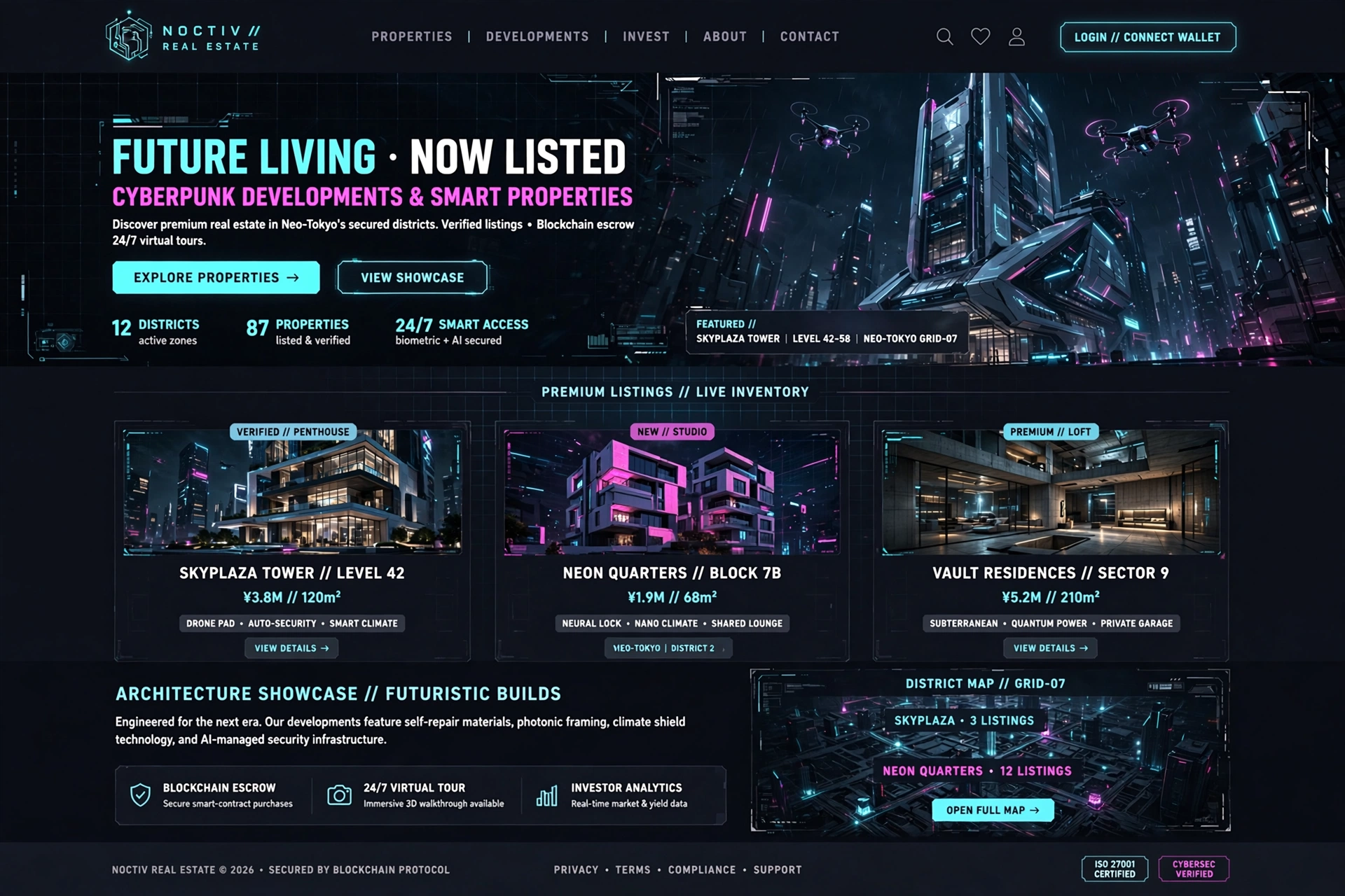 Dark & Cyberpunk real estate website landing page