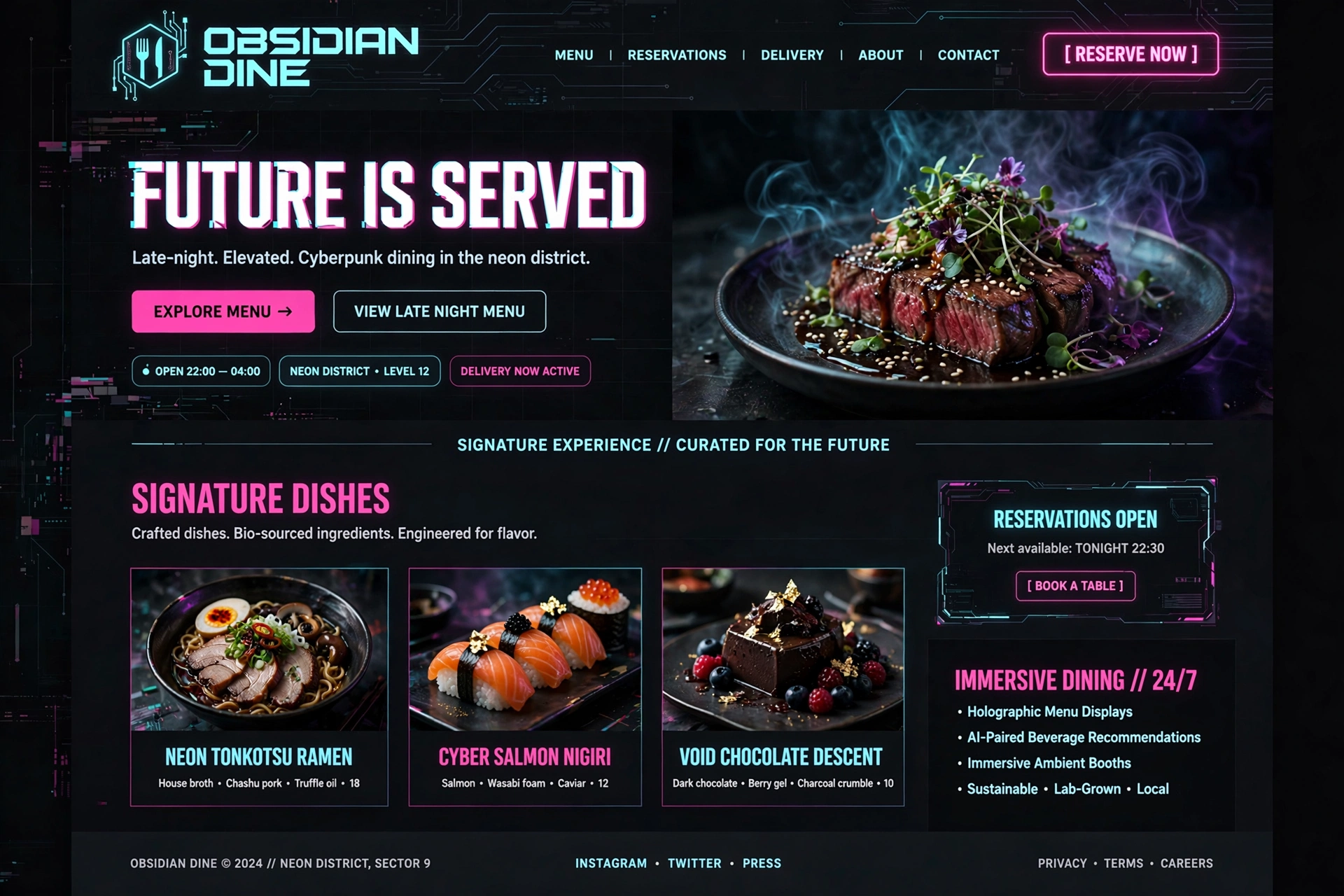 Dark & Cyberpunk restaurant website landing page