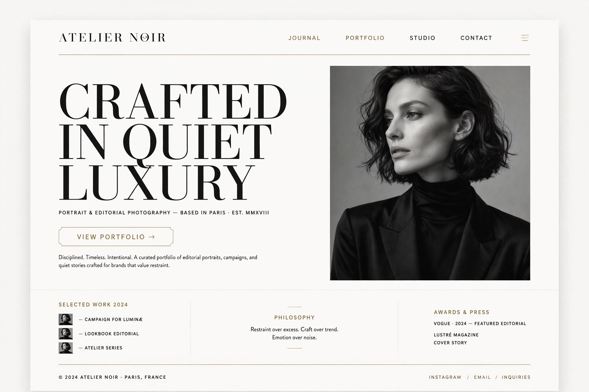Editorial & Luxury portfolio website landing page