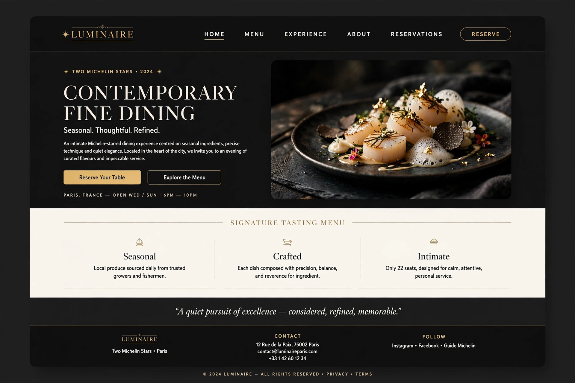Editorial & Luxury restaurant website landing page