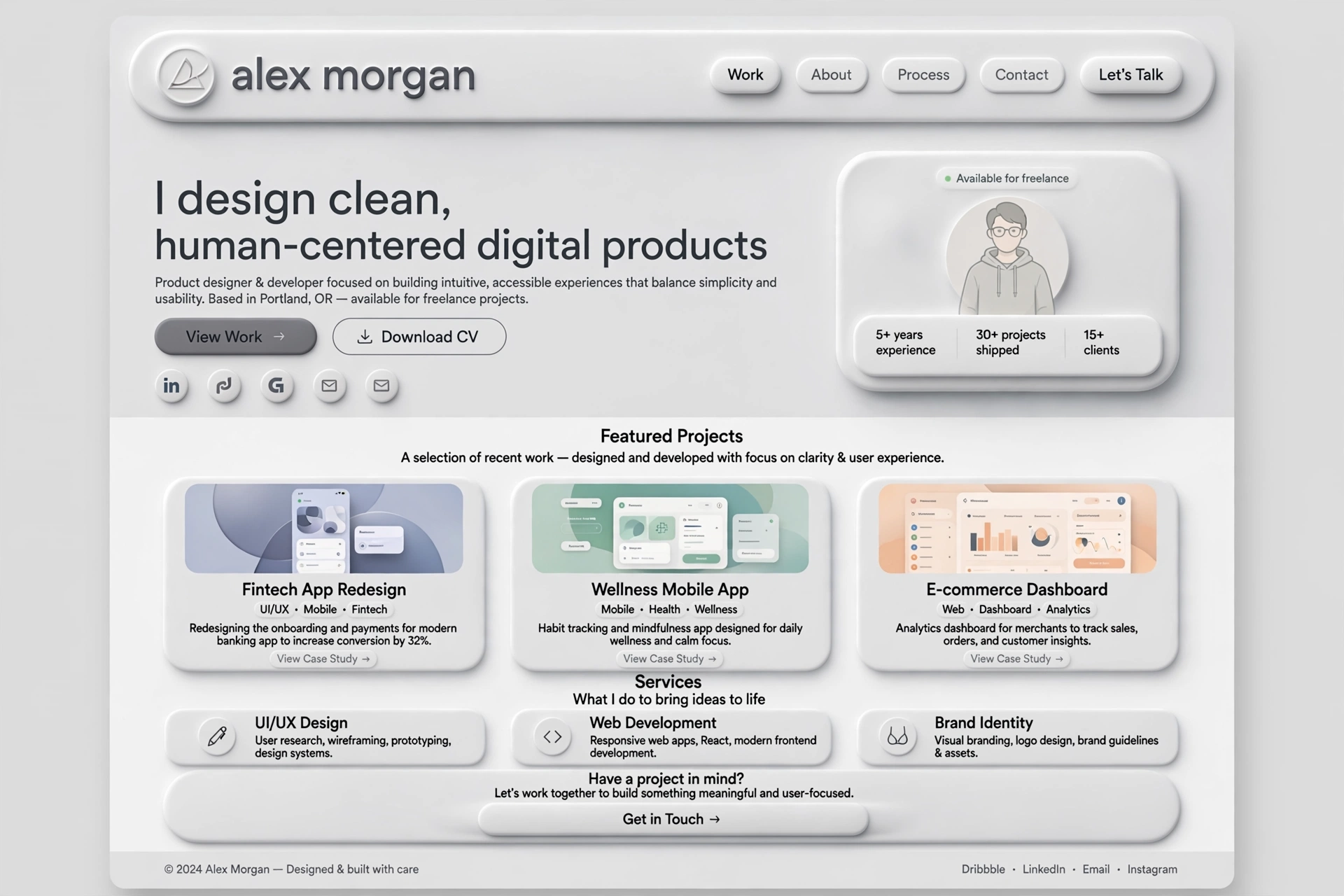 Neumorphism & Soft UI portfolio website landing page