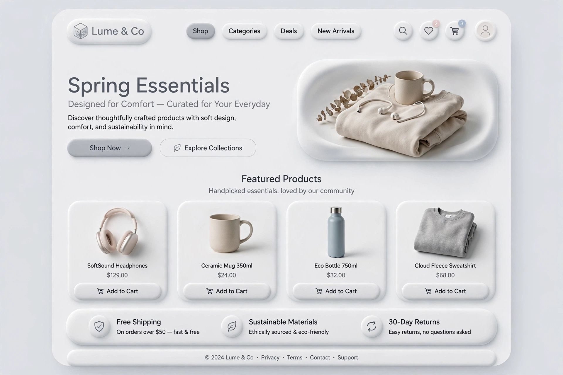 Neumorphism & Soft UI ecommerce website landing page