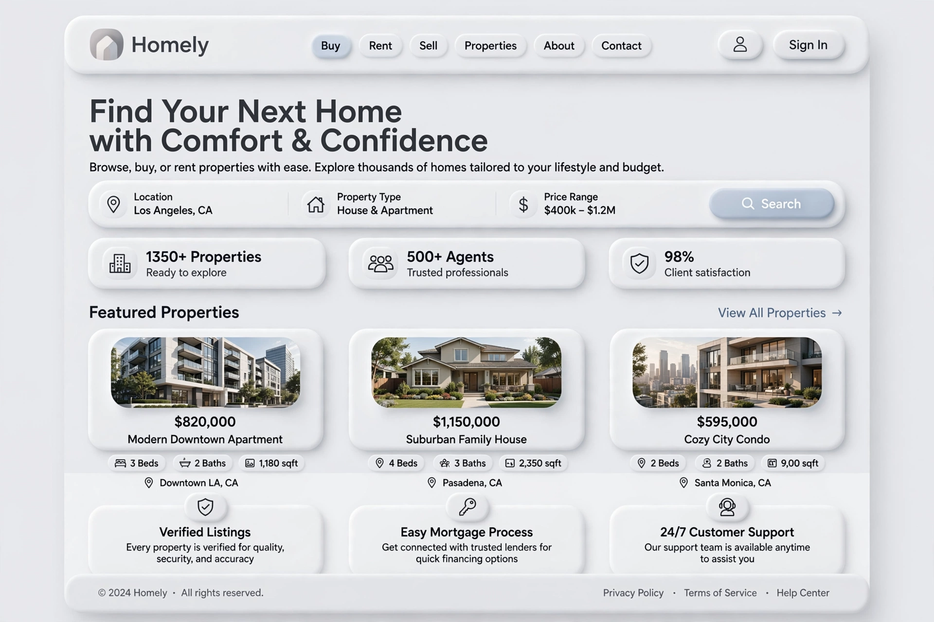 Neumorphism & Soft UI real estate website landing page