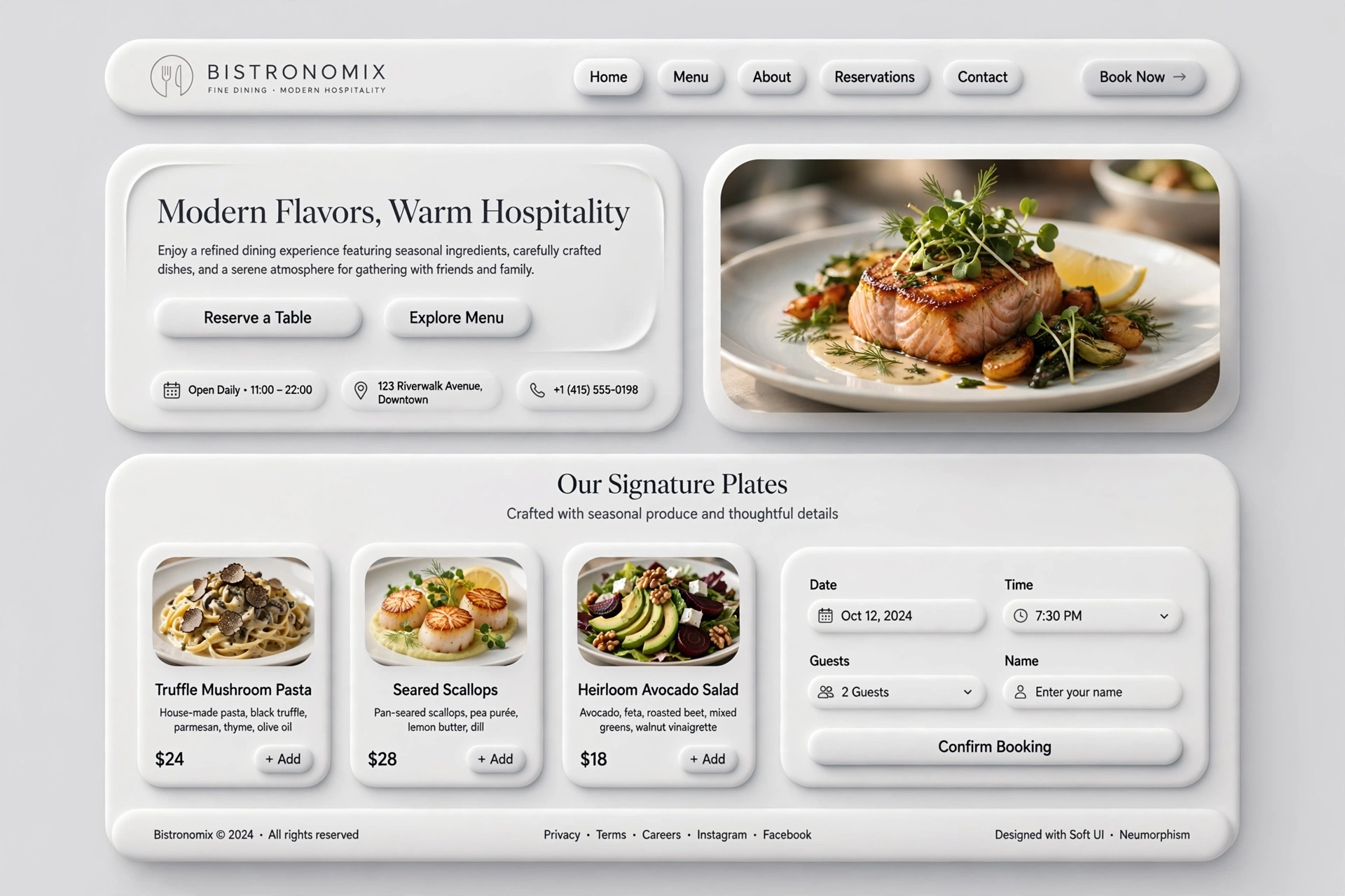 Neumorphism & Soft UI restaurant website landing page