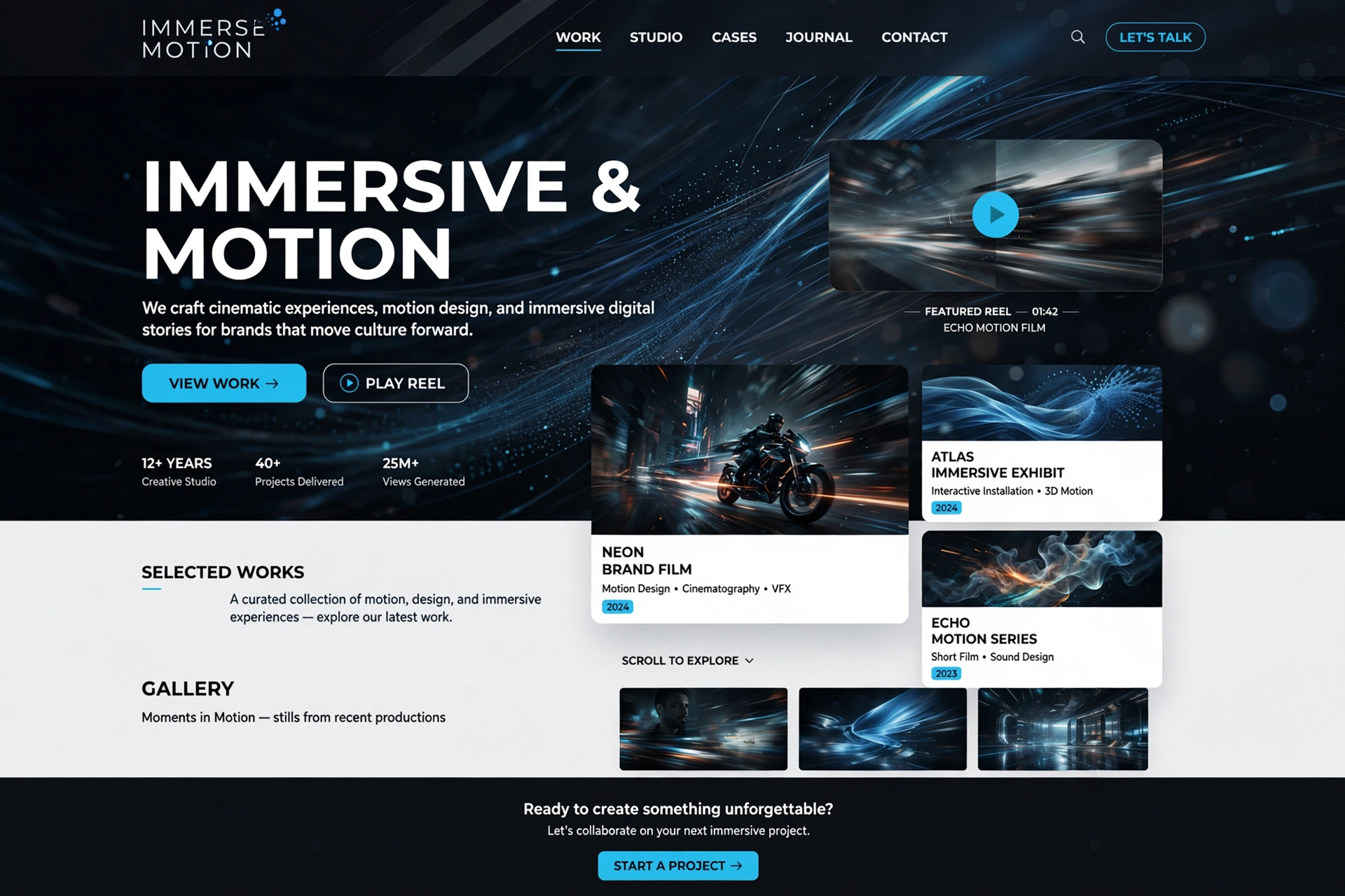 Immersive & Motion portfolio website landing page