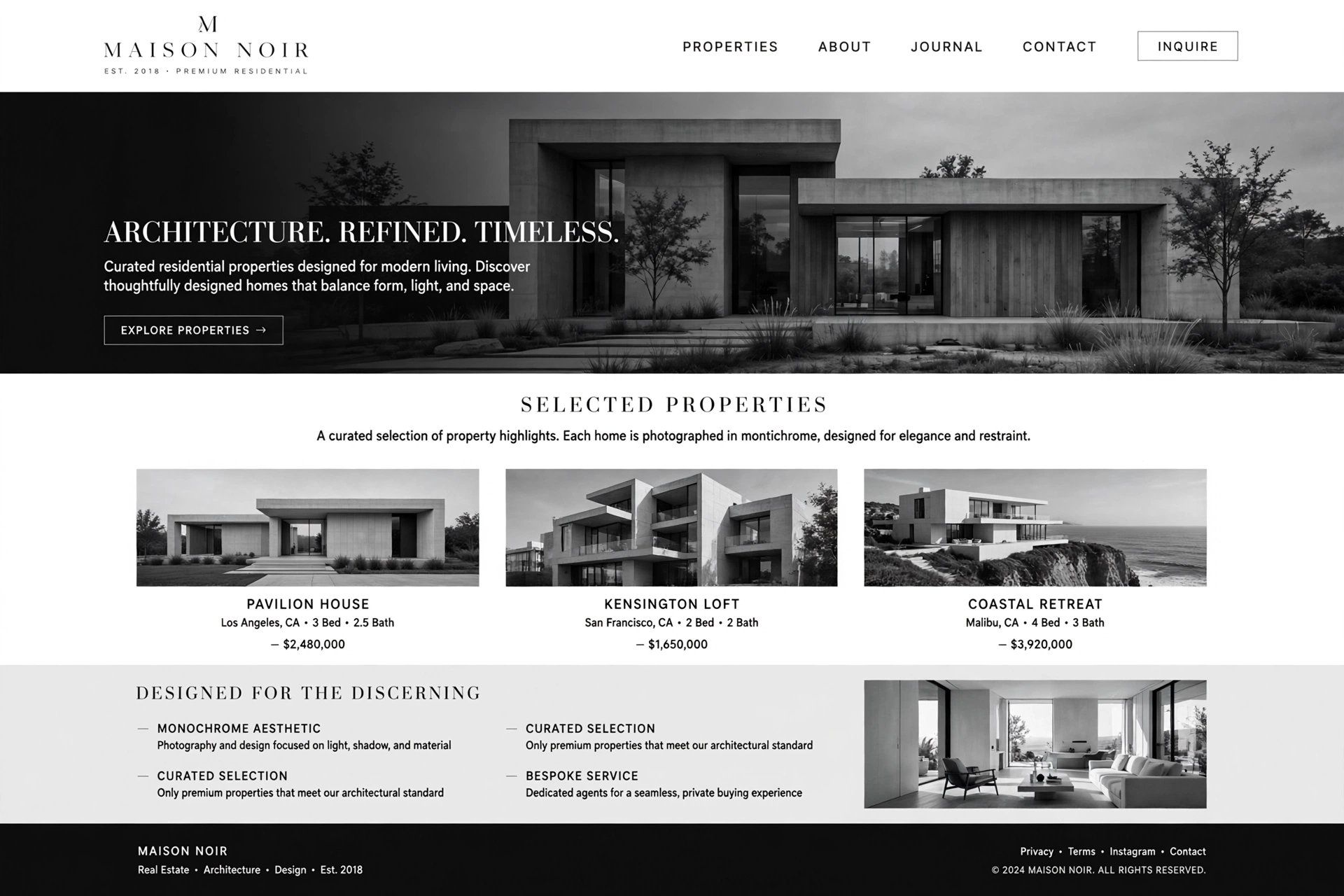 Monochrome & Elegant real estate website landing page