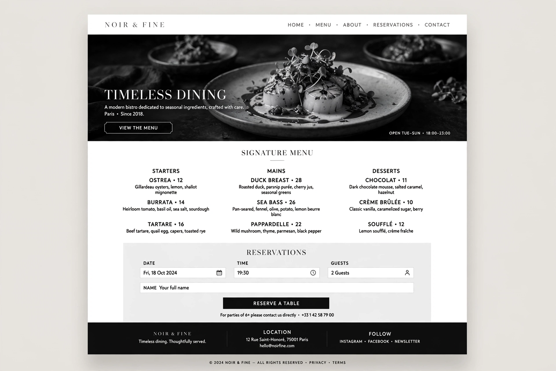 Monochrome & Elegant restaurant website landing page
