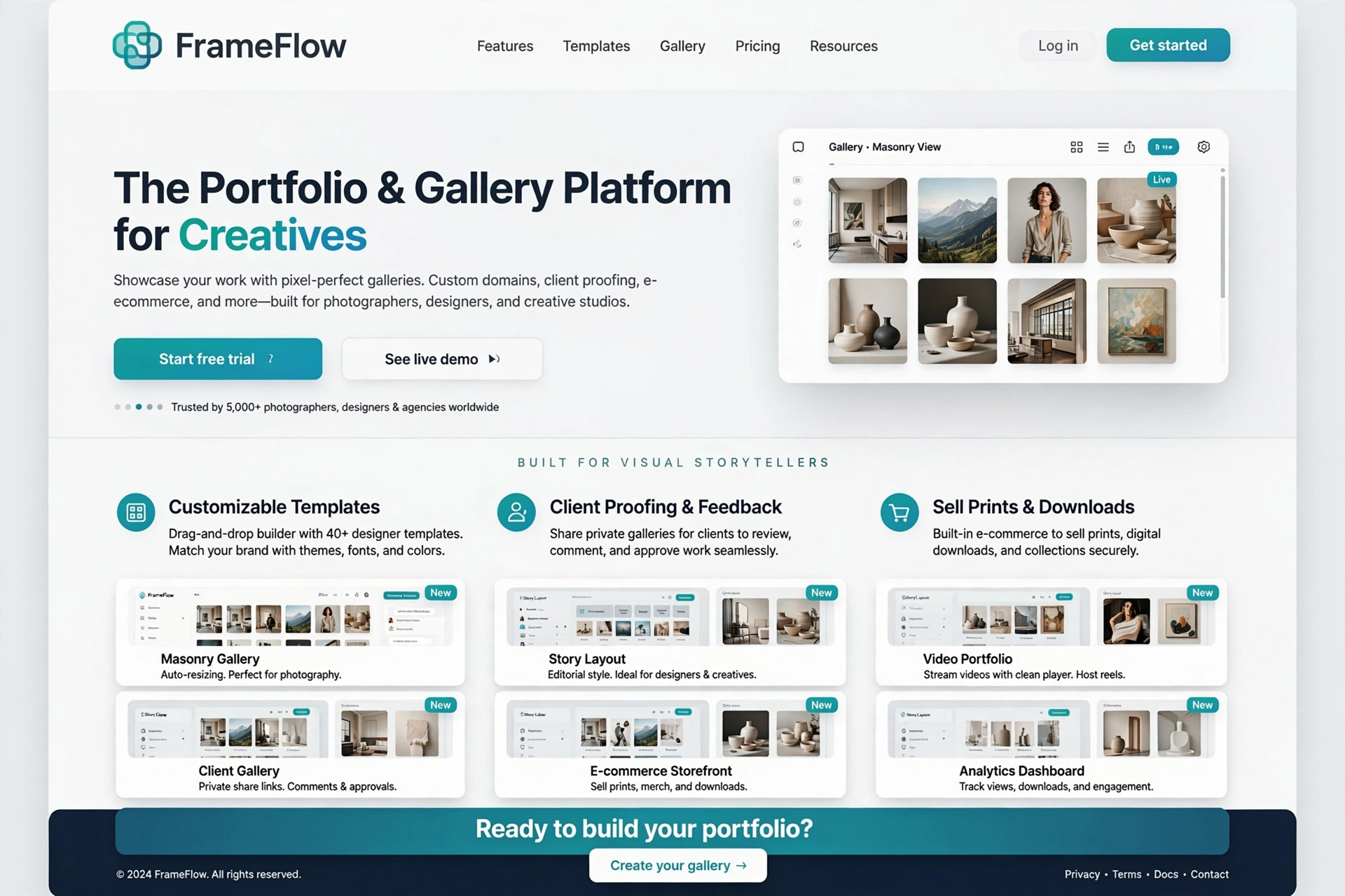 Portfolio & Gallery SaaS website landing page