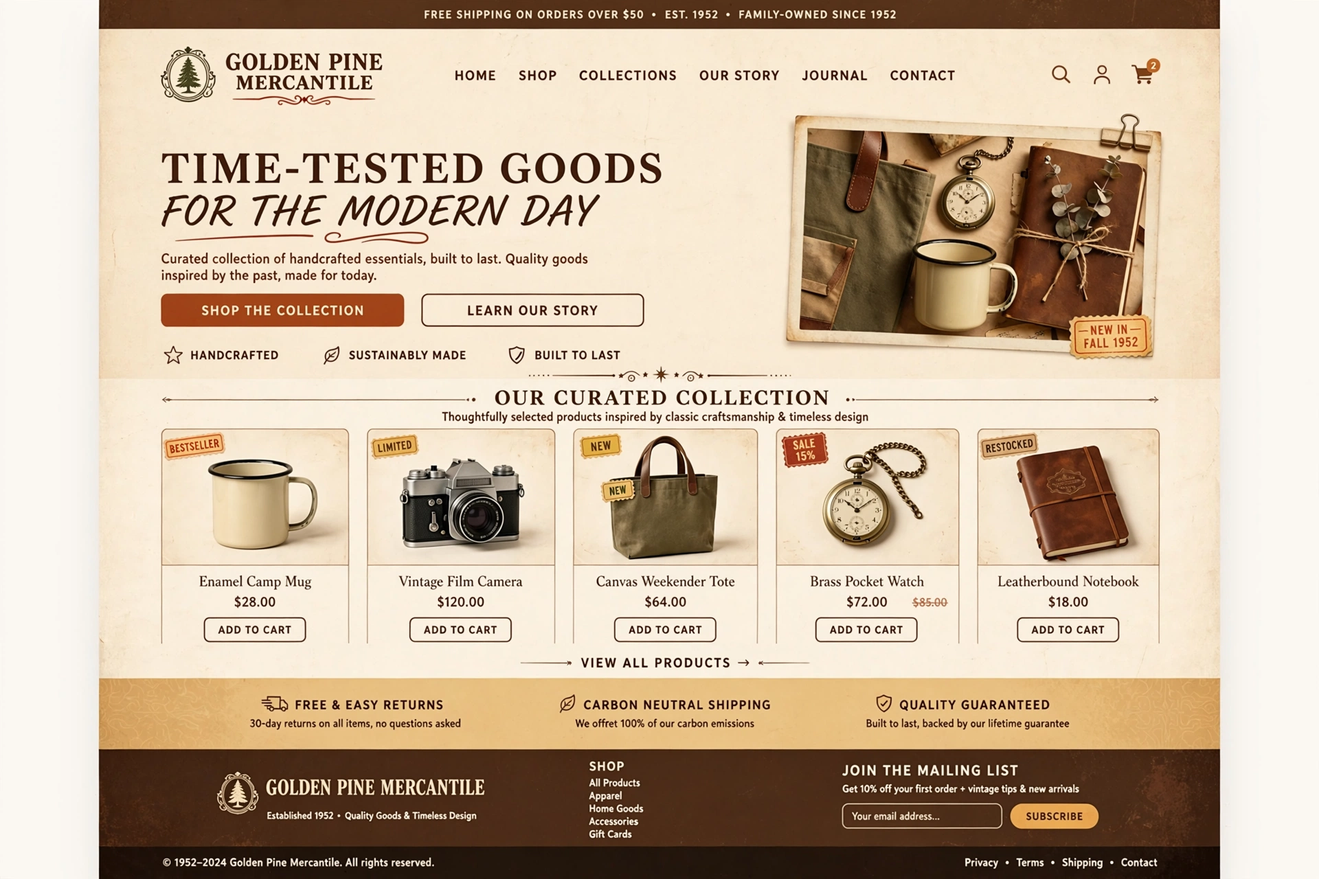 Retro & Vintage ecommerce website landing page