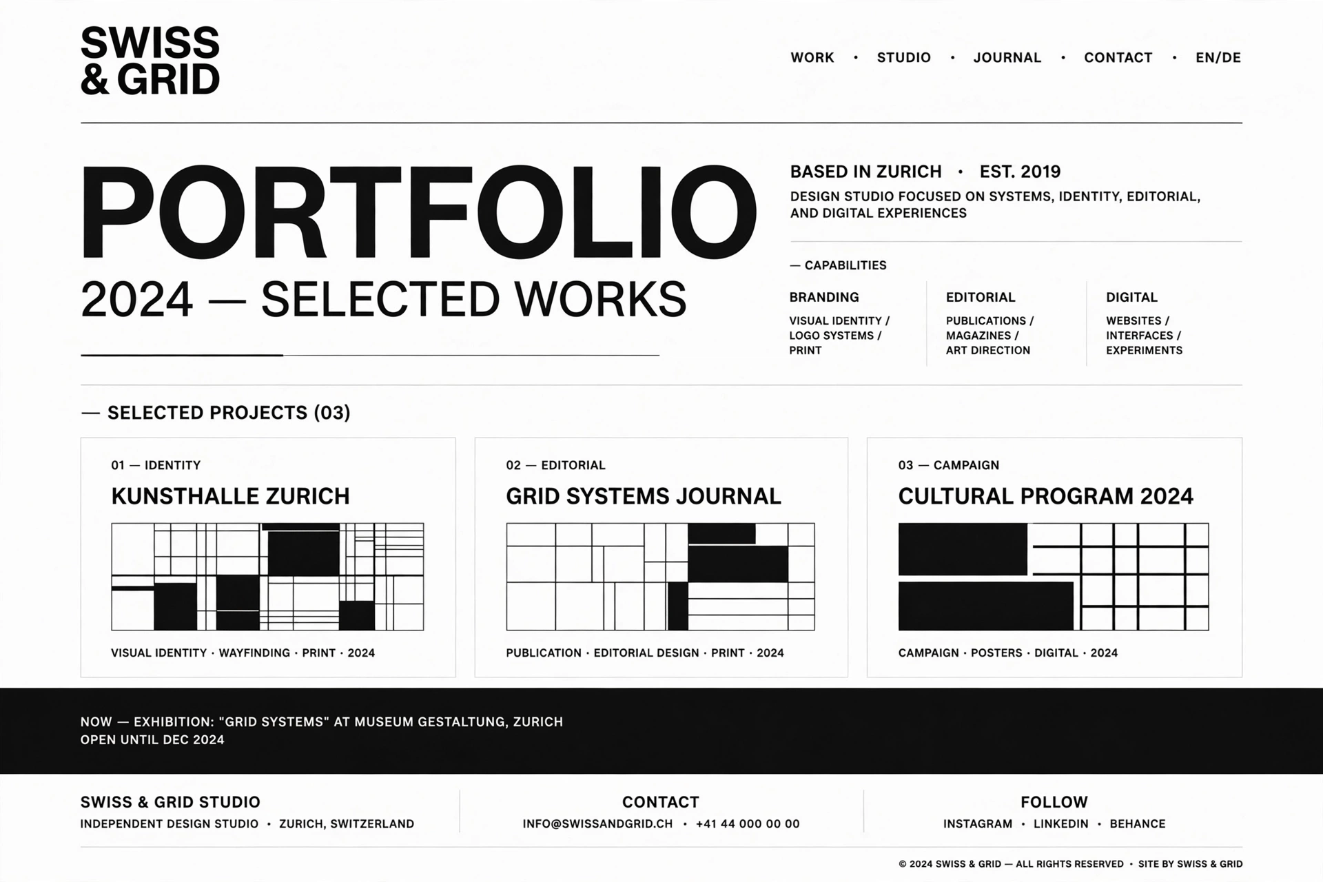 Swiss & Grid portfolio website landing page