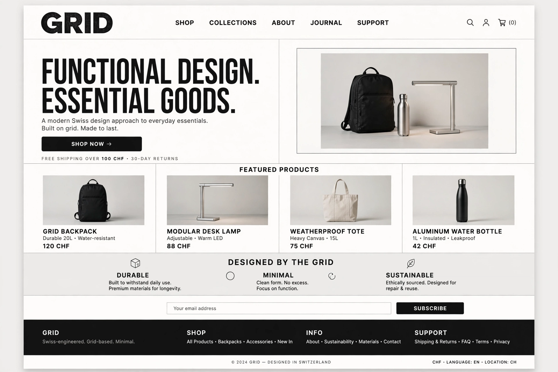 Swiss & Grid ecommerce website landing page