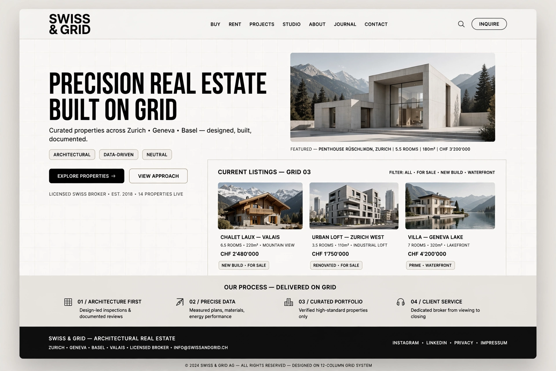 Swiss & Grid real estate website landing page