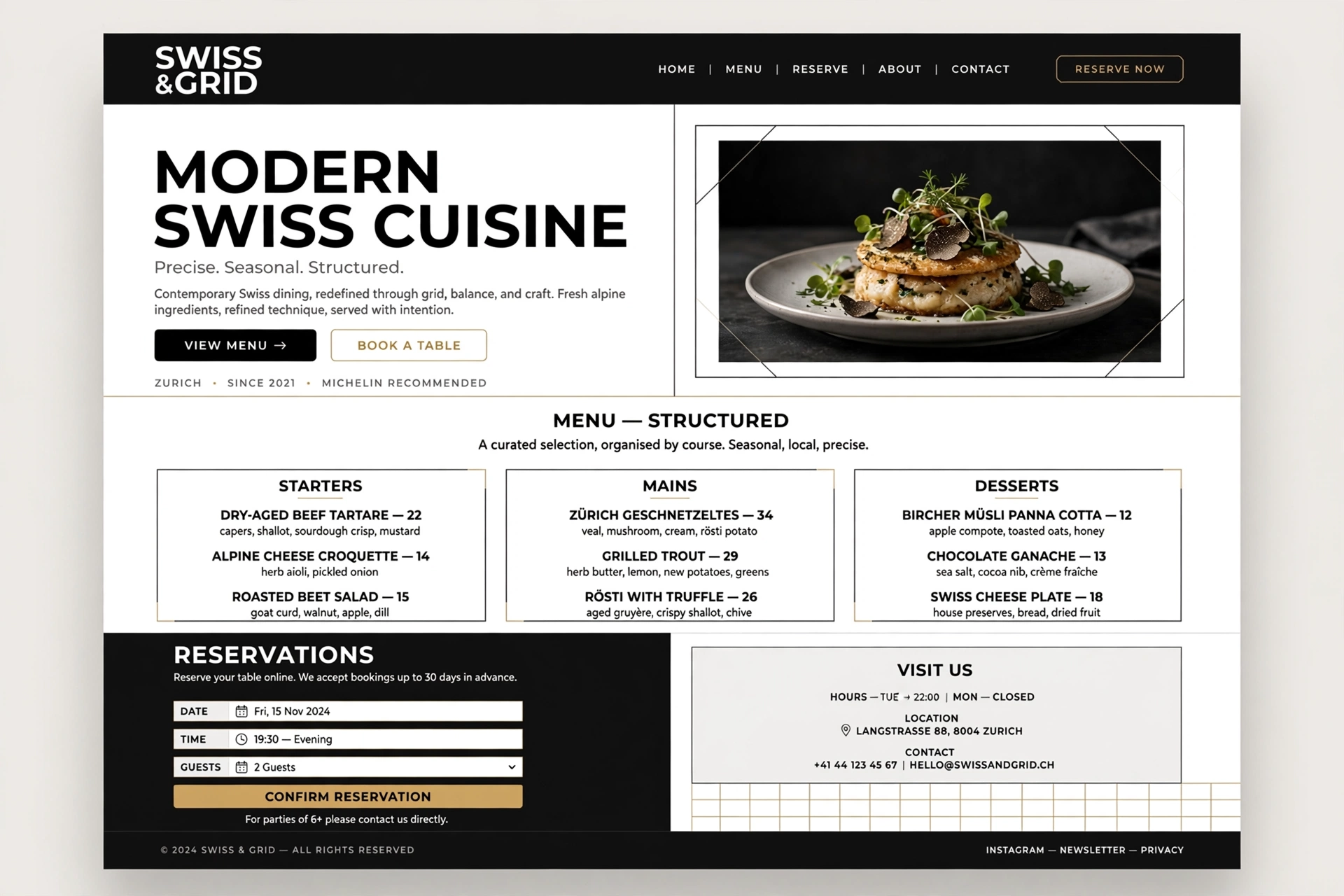 Swiss & Grid restaurant website landing page