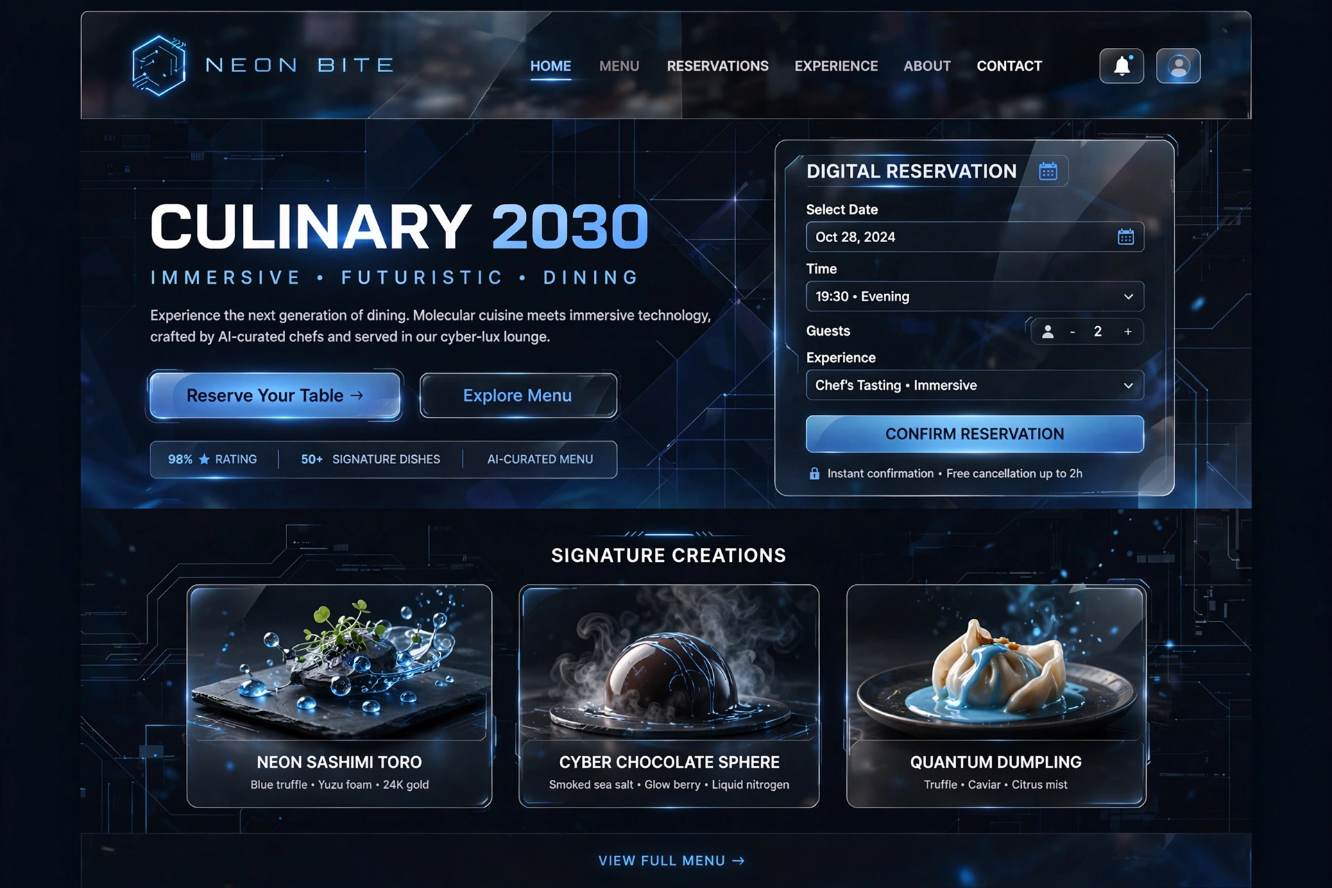 Tech & Futuristic restaurant website landing page